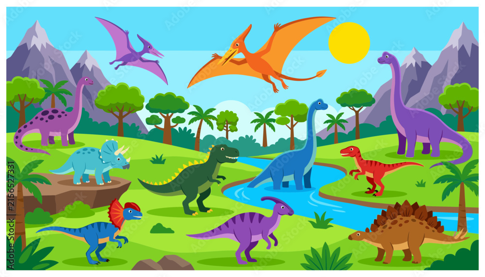 Fototapeta premium Prehistoric Dinosaur Valley Landscape Vector Illustration Featuring Tyrannosaurus Rex Triceratops Brachiosaurus Stegosaurus And Flying Pterodactyls