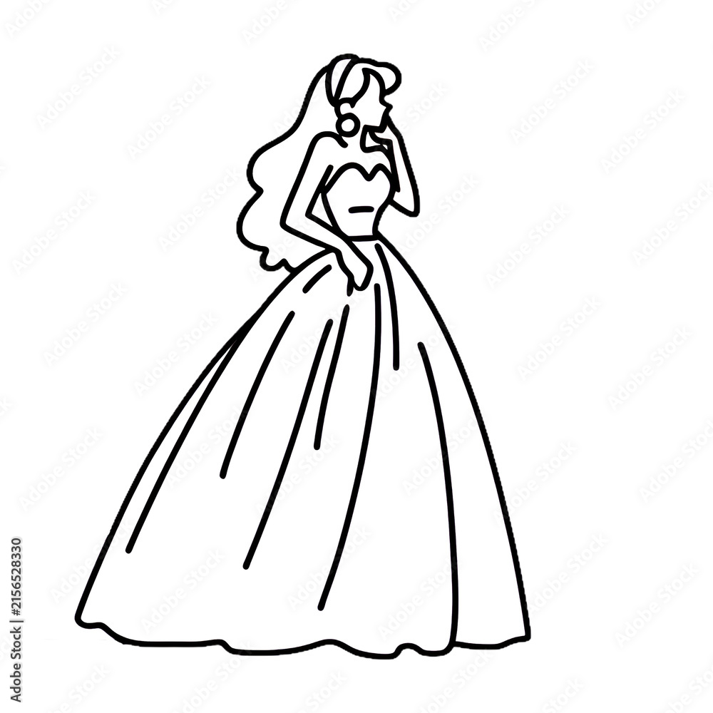 Fototapeta premium Elegant Bride in Voluminous Ball Gown Wedding Dress Line Art. Generated by AI.