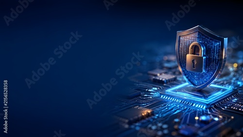 Digital shield with padlock on circuit board, cyber security concept