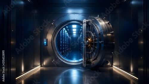 Open bank vault door revealing server room with blue lights