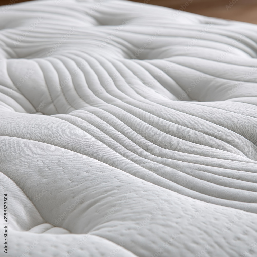 Fototapeta premium Close-up of a luxurious, quilted white mattress surface with soft wave-like patterns for ultimate comfort