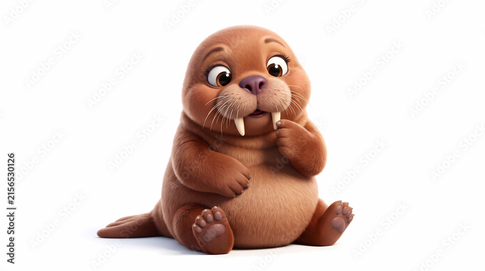 Fototapeta premium Cute Baby Walrus Touching Tusks Isolated on White Background Adorable Arctic Marine Mammal Mascot Concept 3D