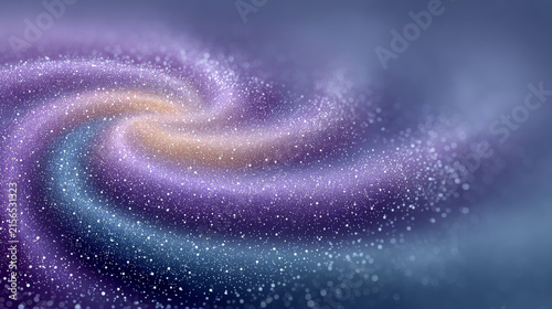 This abstract artwork presents a swirling spiral vortex, blended with purple, blue and warm golden tones, dotted with scattered tiny glowing star-like particles, with soft hazy texture 