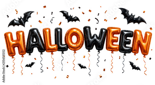 Retro Halloween balloon letters, orange and black party decoration text, spooky celebration banner design for October event isolated PNG with Transparent Background