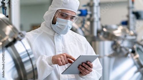 Scientist in Cleanroom Protective Suit Using Tablet for Data Analysis in Pharmaceutical Manufacturing Facility