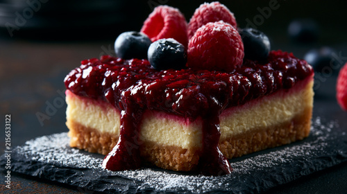 Delicious cheesecake square with fresh berries and raspberry sauce