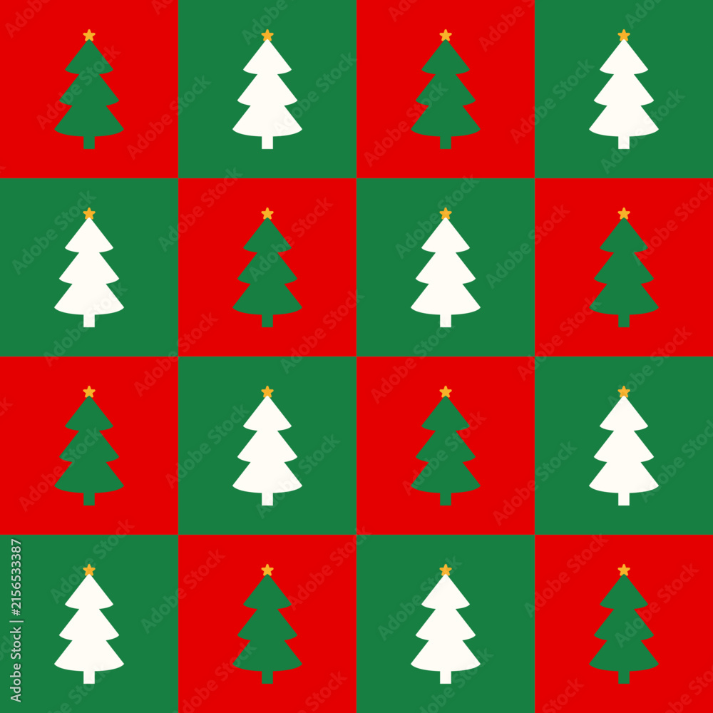 Obraz premium Seamless Christmas pattern with white and green trees on a red and green checkerboard grid background
