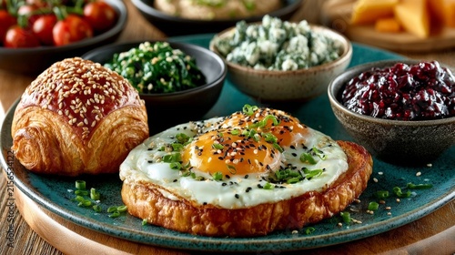 A vibrant brunch spread featuring a croissant with fried eggs, fresh pastries, vegetables, greens, and various spreads on a rustic table.