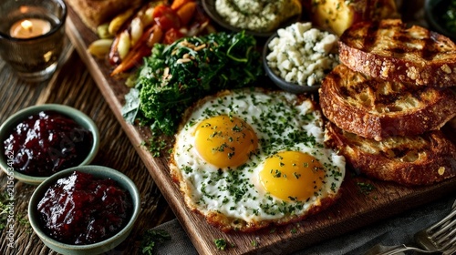 A rustic brunch spread featuring fried eggs, toast, greens, jams, and cheeses on a wooden board with warm lighting.