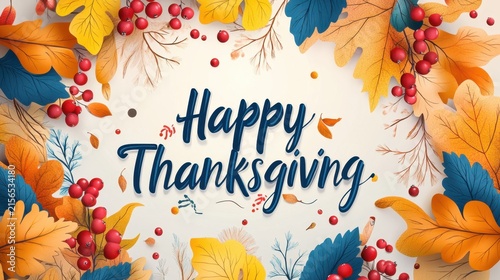 Happy Thanksgiving Sticker or Banner Design with Calligraphy Text in Autumn Wreath Decoration Background Illustration.