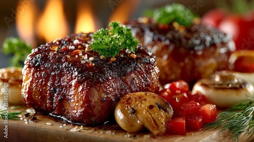 A close-up of juicy roasted meat with mushrooms and fresh vegetables, illuminated by warm cinematic lighting with a blurred flame background.