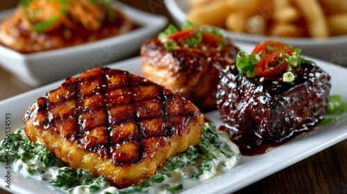 A beautifully plated dish featuring grilled meat with sauce and garnish, served with fries and a side of vegetables.