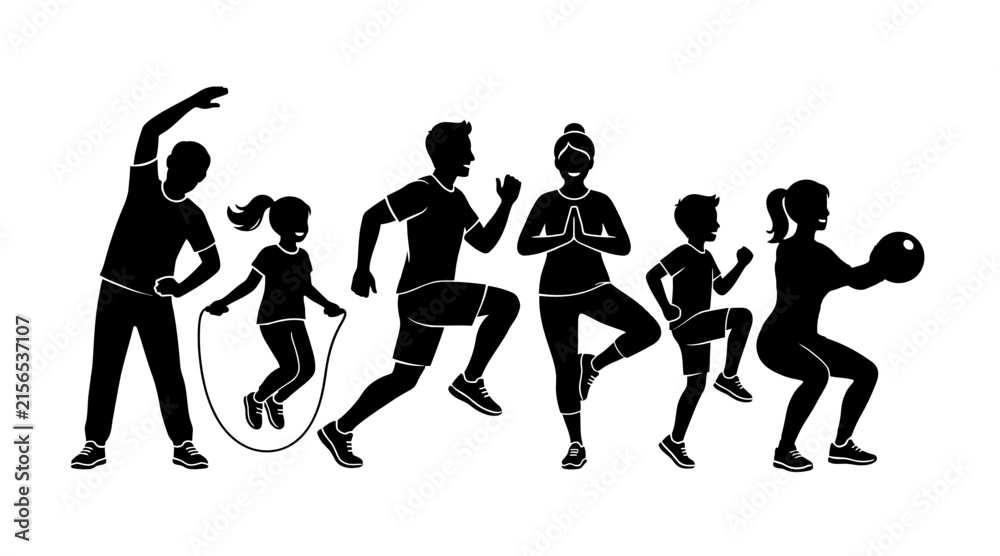 Obraz premium Group of people doing various exercise activities together isolated on transparent background, Vector
