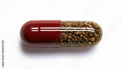 Close-up of a single transparent capsule filled with small brown granules.