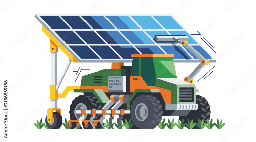Fototapeta premium Modern agrivoltaic tractor with solar panels and robotic cleaning arm for sustainable smart farming isolated on white background