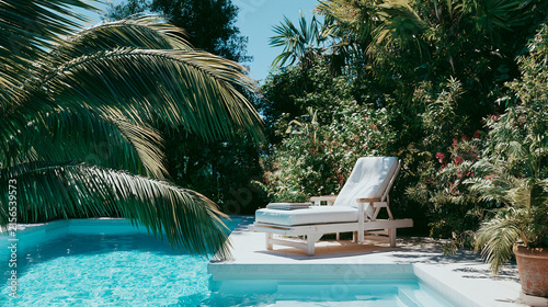 A serene poolside lounge chair surrounded by lush tropical palm trees