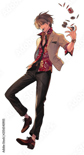 Young guy with gaming chips on a white background