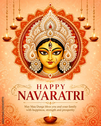 Happy Navaratri greeting featuring Goddess Durga, glowing oil lamps and traditional festive ornamentation