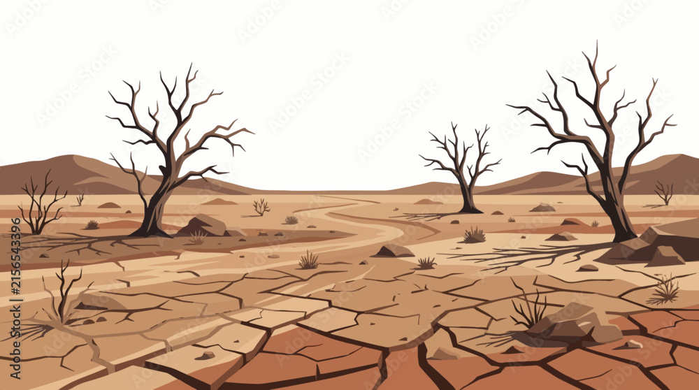 Naklejka premium Dry Desert Landscape with Cracked Ground and Bare Trees Vector Illustration
