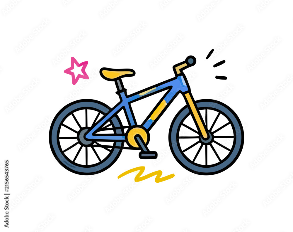 Fototapeta premium A blue and yellow bicycle with a pink star and yellow squiggles on a white background