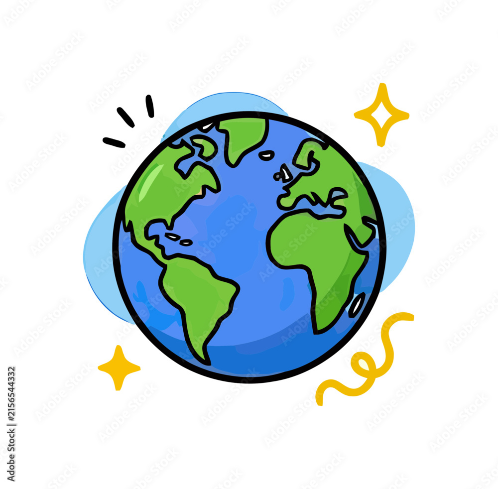 Naklejka premium Cartoon earth globe illustration with stars and swirls representing celebration and joy