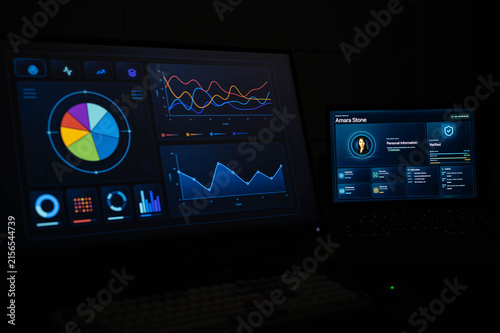 Cybersecurity operations workstation with data analytics dashboard and biometric identity verification screens, representing security monitoring, digital protection and threat analysis.