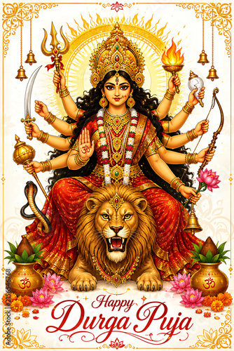 Happy Durga Puja Festival Greeting with Goddess Durga, Lion and Traditional Hindu Decorations
