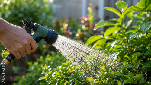 A person waters green garden plants with a spray nozzle, highlighting outdoor gardening in bright sunlight.