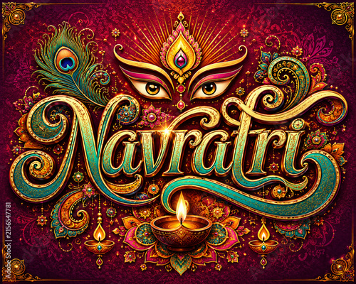 Navratri Festival Greeting with Goddess Durga Eyes, Decorative Diyas and Ornate Indian Typography