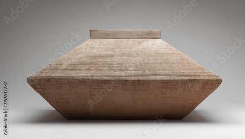 Unglazed Grogged Stoneware Ziggurat Vessel on Gray Background