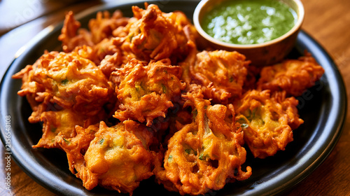 Crispy indian onion pakora fritters served with green chutney
