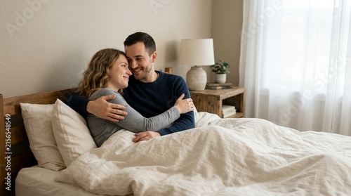 Young couple cuddling affectionately in bed. Smiling partners embracing under a warm duvet in a cozy bedroom. Intimacy and love at home concept