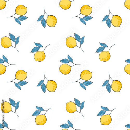 Hand-drawn seamless pattern with yellow lemons and blue leaves on a branch. Fresh citrus fruit repeat tile