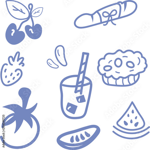 Hand Drawn Doodle Food Set Featuring Dessert Fruits Bread and Refreshing Drink.