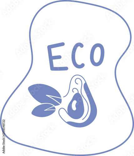 Eco Hand Drawn Doodle Avocado with Seed and Green Leaves Illustration.