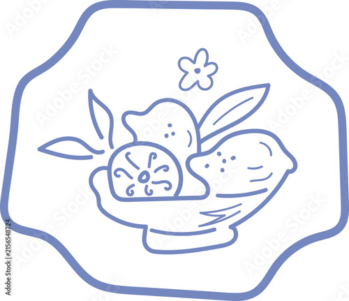 Hand Drawn Doodle Lemons on Plate. Fresh Citrus Vector Illustration.