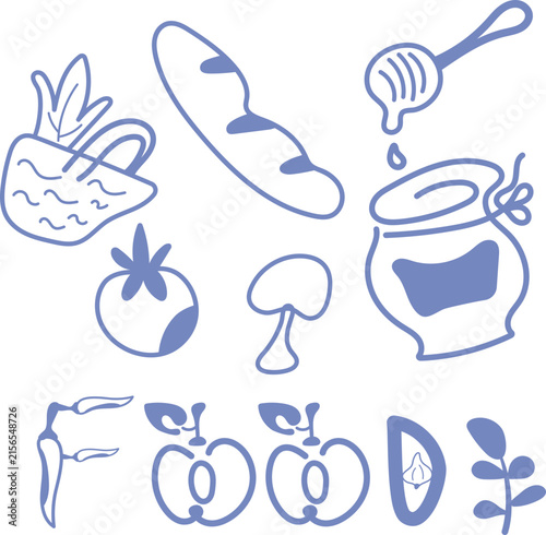 Cute Doodle Food Collection with Wicker Basket Bread Vegetables and Fruits.