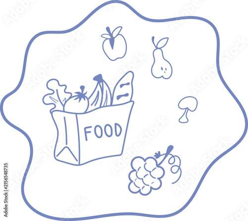 Hand Drawn Doodle Grocery Bag with Fresh Fruits Vegetables and Bread.