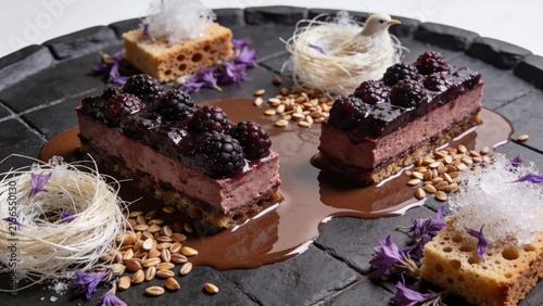 Blackberry Mousse Slices with Chocolate Sauce and Decorative Elements
