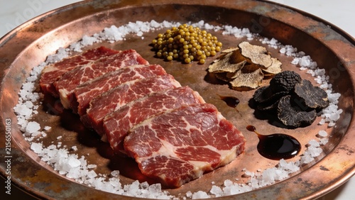 Wagyu Bresaola Slices with Mustard Seeds, Truffles, and Sea Salt