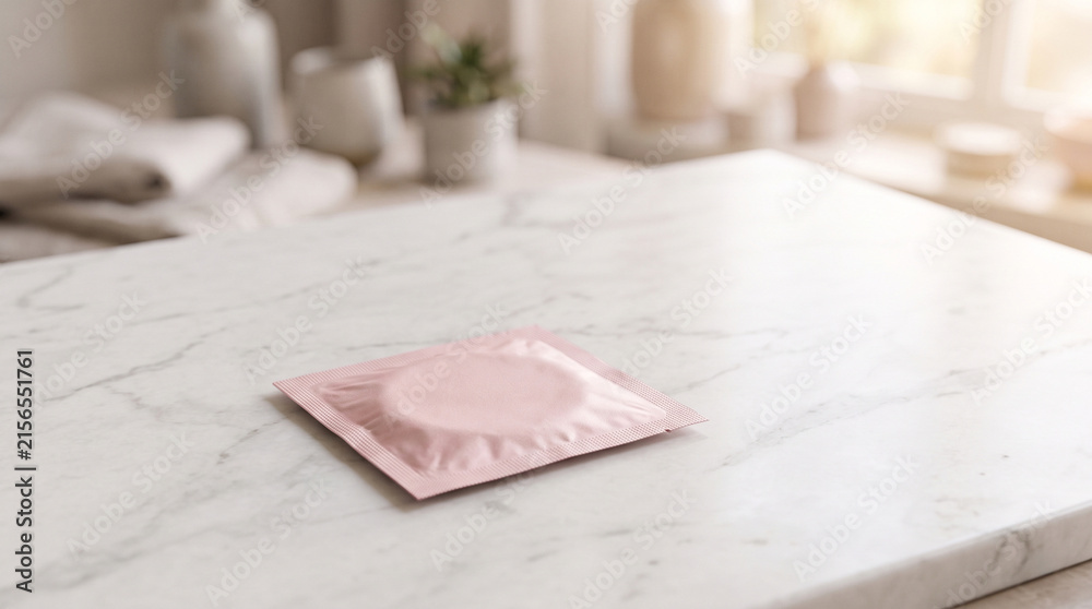 Naklejka premium Pink condom wrapper on marble surface for sexual wellness