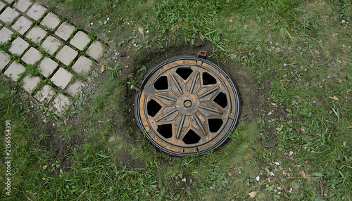 The image shows a decorative cast-iron manhole or utility access cover set into a lawn with a geometric stone paver border nearby
