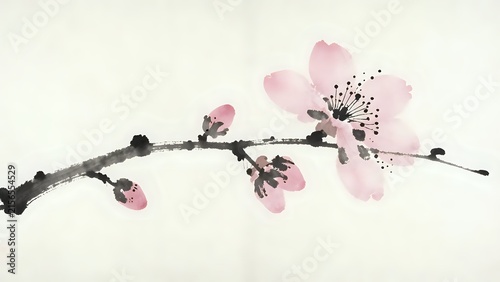 Pink cherry blossom branch painting in traditional Chinese ink wash sumi-e style with blooming flower and buds on light background with copy space