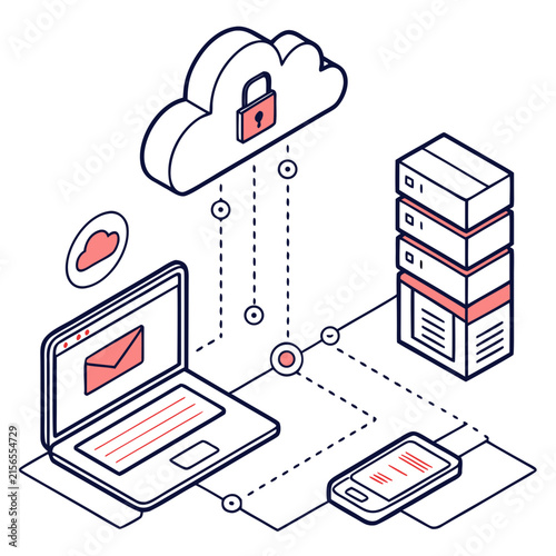 Cloud security and email data protection concept with laptop, server, and smartphone on a white background