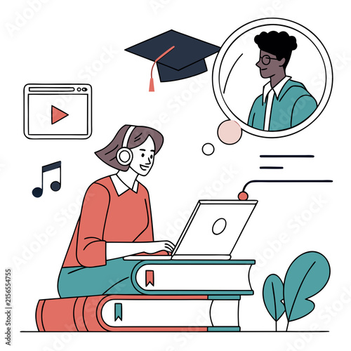 Online education and remote learning concept with student, laptop, and headphones on a white background isolated