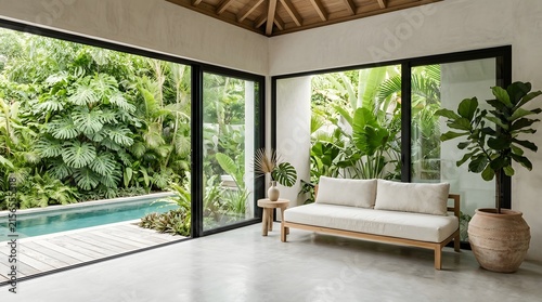 Modern tropical living room opening to swimming pool and garden