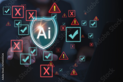 A user reaches out to interact with high-tech cybersecurity protection screen, and an advanced artificial intelligence security shield filters data with Multiple red error marks and green checkmarks.