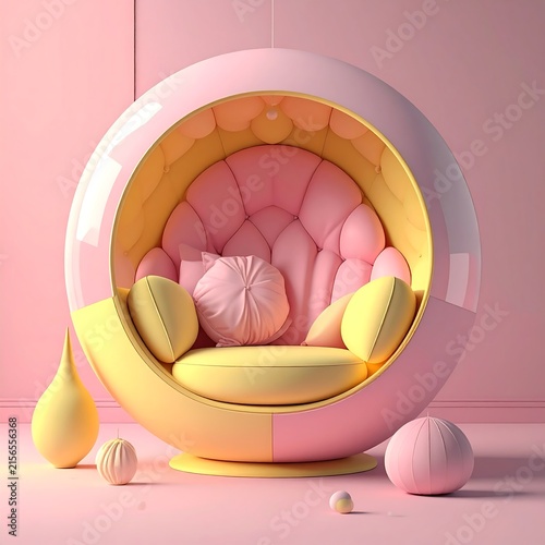 Modern spherical chair in pastel pink and yellow interior design.