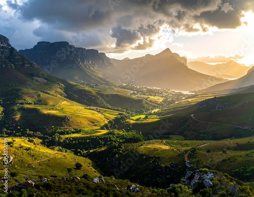 Cinematic wide-angle shot of South African landscape under dramatic light, premium stock quality, no people
