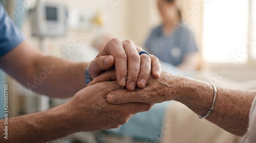 Compassionate healthcare professional holding hands with an elderly patient in a hospital room.